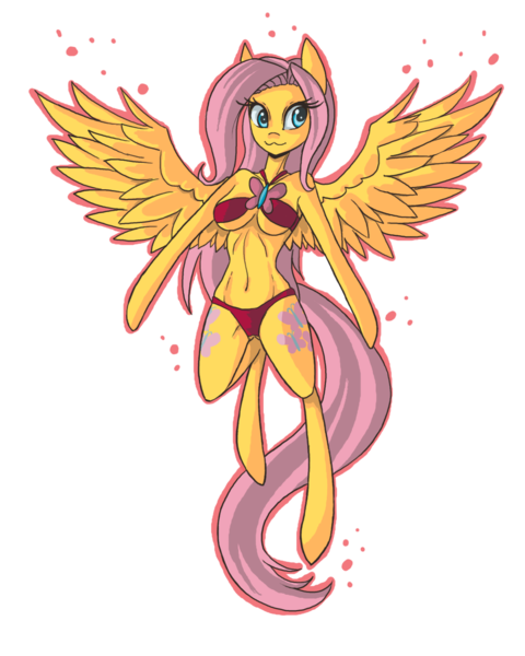 Size: 1200x1500 | Tagged: anthro, arm hooves, artist:raptor007, bikini, both cutie marks, breasts, clothes, derpibooru import, fluttershy, simple background, solo, suggestive, swimsuit, transparent background, underboob