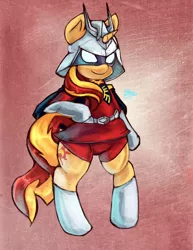 Size: 2550x3300 | Tagged: safe, artist:checkerboardazn, derpibooru import, sunset shimmer, pony, char aznable, clothes, costume, crossover, gundam, solo