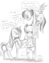 Size: 1492x1904 | Tagged: applejack, artist:catscratchpaper, derpibooru import, oc, oc:rolling wonder, pinball, rainbow dash, safe, speech bubble