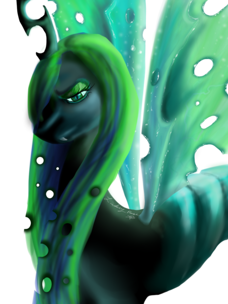 Size: 900x1200 | Tagged: artist:zimmyrose, changeling, changeling queen, derpibooru import, fangs, female, queen chrysalis, safe, solo