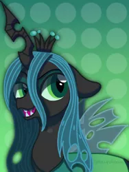 Size: 1536x2048 | Tagged: artist:littleovertures, changeling, changeling queen, cute, cutealis, dead source, derpibooru import, eyeshadow, fangs, female, floppy ears, lidded eyes, looking at you, makeup, open mouth, queen chrysalis, raised eyebrow, safe, smiling, solo