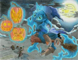 Size: 6476x5016 | Tagged: absurd resolution, artist:philo5, boots, broom, cape, clothes, cloud, cloudy, derpibooru import, flying, flying broomstick, full moon, hat, jack-o-lantern, looking at you, messy mane, moon, night, nightmare night, princess luna, prone, pumpkin, safe, smiling, solo, traditional art, windmill, witch hat