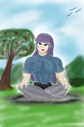 Size: 1028x1542 | Tagged: safe, artist:pandatarius, derpibooru import, maud pie, human, apple tree, beauty mark, clothes, crossed legs, humanized, maud pump, muscles, open mouth, skirt, tree, upskirt