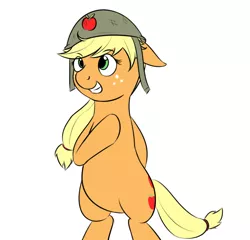 Size: 780x750 | Tagged: safe, artist:samofbob, derpibooru import, applejack, pony, how applejack won the war, bipedal, floppy ears, grin, helmet, simple background, solo