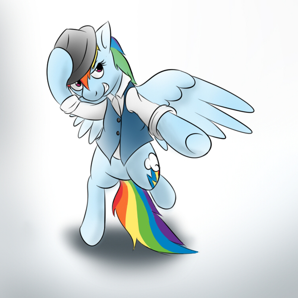 Size: 750x750 | Tagged: safe, artist:samofbob, derpibooru import, rainbow dash, pegasus, pony, semi-anthro, bipedal, clothes, female, grin, hat, mare, rainbow dash always dresses in style, simple background, solo, underhoof, white background