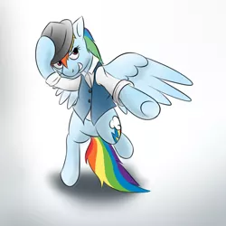 Size: 750x750 | Tagged: safe, artist:samofbob, derpibooru import, rainbow dash, pegasus, pony, semi-anthro, bipedal, clothes, female, grin, hat, mare, rainbow dash always dresses in style, simple background, solo, underhoof, white background