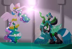 Size: 1600x1100 | Tagged: a canterlot wedding, artist:lovehtf421, beam, derpibooru import, fight, impossibly large ears, magic, princess celestia, queen chrysalis, safe, scene interpretation