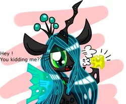 Size: 1030x850 | Tagged: annoyed, artist:lovehtf421, blushing, cheese, cheeselegs, derpibooru import, impossibly large ears, looking at you, queen chrysalis, safe, solo