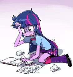 Size: 657x700 | Tagged: safe, artist:baekgup, derpibooru import, twilight sparkle, equestria girls, book, boots, clothes, crumpled, female, kneeling, leg warmers, messy mane, nervous, notebook, paper, pencil, pleated skirt, shoes, skirt, solo, stressed, sweat, twilight snapple