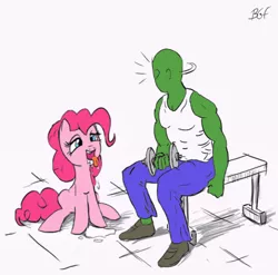 Size: 829x820 | Tagged: anonymous, artist:bgf, derpibooru import, drool, human, human fetish, oc, oc:anon, pinkie pie, stupid sexy anon, suggestive, weight lifting