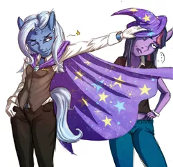 Size: 1024x993 | Tagged: anthro, artist:redblacktac, cape, clothes, derpibooru import, hat, safe, trixie, twilight sparkle