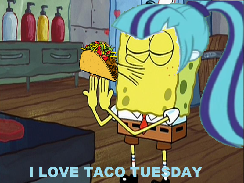 Size: 1024x768 | Tagged: safe, derpibooru import, edit, edited screencap, screencap, sonata dusk, blue text, fear of a krabby patty, image, kissing, png, sonataco, spongebob squarepants, spongebob squarepants (character), taco, taco tuesday