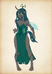 Size: 1200x1697 | Tagged: safe, artist:thecreator9, derpibooru import, queen chrysalis, anthro, clothes, dress, solo, tongue out