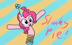 Size: 2560x1600 | Tagged: artist:doctor-derpy, derpibooru import, hat, open mouth, party hat, pinkie pie, pun, safe, slinky, slinky pie, smiling, solo