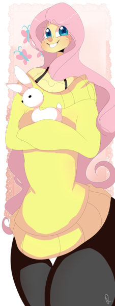 Size: 2000x5300 | Tagged: anatomical horror, anatomically incorrect, angel bunny, artist:mili-kat, artist:yummisweets, clothes, crying, derpibooru import, disproportionate, fluttershy, human, humanized, safe, solo, sweatershy, tiny head