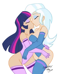 Size: 2058x2500 | Tagged: suggestive, artist:danmakuman, derpibooru import, trixie, twilight sparkle, twilight sparkle (alicorn), human, adorasexy, breasts, clothes, cute, evening gloves, eyes closed, eyeshadow, female, humanized, kissing, leotard, lesbian, sexy, shipping, socks, stockings, thigh highs, twixie, unf