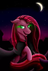 Size: 1363x2000 | Tagged: safe, artist:midnightsix3, derpibooru import, pinkie pie, earth pony, pony, cape, clothes, crescent moon, dr jekyll and mr hyde, dr pinkie and miss pie, female, glowing eyes, green eyes, mare, moon, night, pinkamena diane pie, signature, solo, sombra eyes