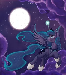Size: 1500x1701 | Tagged: alicorn, artist:raunchyopposition, cute, derpibooru import, ethereal mane, female, flying, lunabetes, magic, mare, moon, night, princess luna, safe, smiling, solo, starry mane, stars, wings