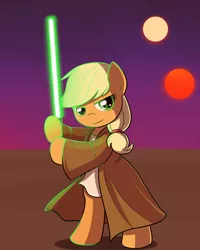 Size: 800x1000 | Tagged: safe, artist:drawponies, artist:terminuslucis, derpibooru import, applejack, pony, bipedal, collaboration, jedi, solo, star wars, tatooine