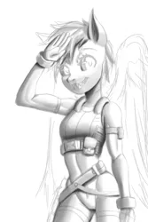 Size: 800x1200 | Tagged: anthro, artist:dclzexon, derpibooru import, grin, monochrome, safe, salute, scootaloo, sketch, solo