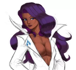 Size: 1200x1107 | Tagged: absolute cleavage, artist:dclzexon, breasts, busty rarity, cleavage, clothes, dark skin, derpibooru import, female, human, humanized, jacket, long hair, rarity, solo, solo female, suggestive