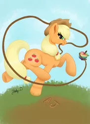 Size: 1024x1408 | Tagged: safe, artist:theluminescence, derpibooru import, applejack, lasso, looking at you, mouth hold, rope, running, smiling, solo, underhoof, zap apple