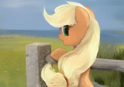 Size: 1422x1000 | Tagged: safe, artist:scootiebloom, derpibooru import, applejack, fence, looking at you, looking back, rear view, solo