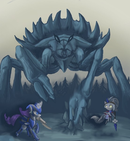 Size: 1200x1300 | Tagged: safe, artist:xilenobody143, derpibooru import, opalescence, rarity, crab, felyne, giant crab, armor, gun, magic, monster hunter, rarity fighting a giant crab, shogun ceanataur, weapon