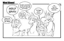 Size: 916x594 | Tagged: safe, artist:alexspastic, derpibooru import, princess celestia, twilight sparkle, twilight sparkle (alicorn), alicorn, classical unicorn, pony, unicorn, amalthea, atheism, bible, black and white, comic sans, female, furry, grayscale, implied death, implied execution, jeff bridges, leonine tail, mare, monochrome, simple background, speech bubble, the last unicorn, thought bubble, tyrant celestia, vulgar, white background