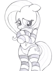 Size: 2005x2531 | Tagged: artist:an-tonio, bipedal, blushing, clothes, derpibooru import, embarrassed, embarrassed underwear exposure, female, fluttershy, monochrome, panties, socks, solo, solo female, striped socks, suggestive, traditional art, underwear