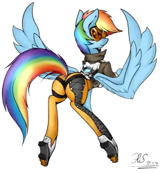 Size: 1600x1678 | Tagged: artist:ho7y5hoxx, clothes, derpibooru import, goggles, overwatch, plot, rainbow dash, rainbow tracer, simple background, solo, suggestive, the ass was fat, tracer, transparent background