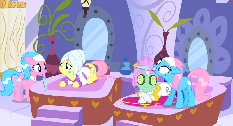 Size: 1099x597 | Tagged: aloe, derpibooru import, fluttershy, green isn't your color, lotus blossom, mud mask, rarity, safe, screencap, spa, spa twins