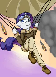 Size: 1352x1882 | Tagged: anthro, artist:fearingfun, bomber jacket, eyeroll, goggles, parachute, pilot, rarity, safe, solo