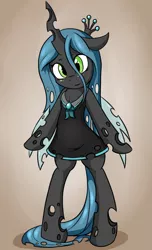 Size: 1213x2000 | Tagged: artist:fearingfun, bipedal, changeling, changeling queen, clothes, cute, cutealis, dress, female, queen chrysalis, safe, schoolgirl, semi-anthro, short dress, solo, younger