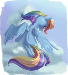 Size: 1263x1393 | Tagged: safe, artist:verrmont, derpibooru import, rainbow dash, pegasus, pony, cloud, flying, looking at you, looking back, looking back at you, solo