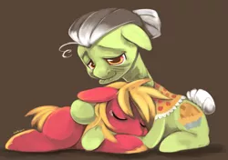 Size: 1191x840 | Tagged: safe, artist:ende26, derpibooru import, big macintosh, granny smith, earth pony, pony, colt, comforting, crying, cute, eyes closed, floppy ears, hug, male, prone, smiling, stallion, younger