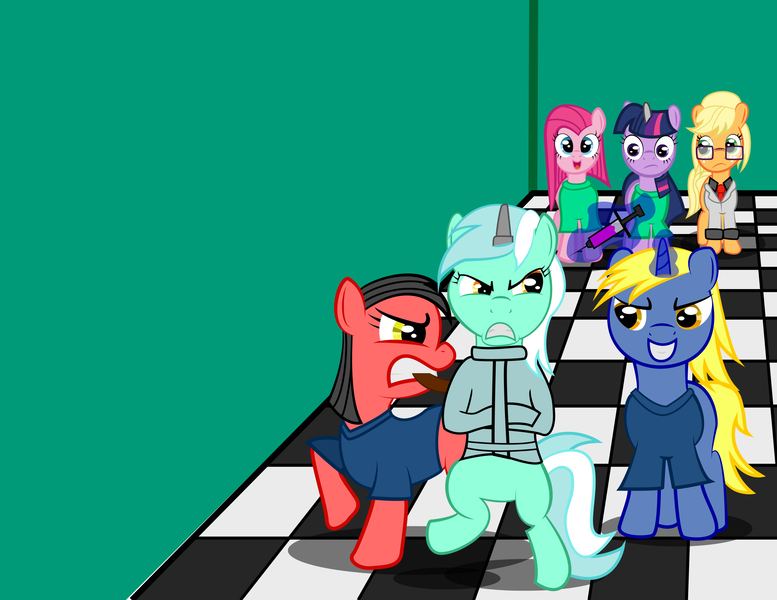 Size: 2160x1669 | Tagged: safe, artist:spellboundcanvas, derpibooru import, applejack, lyra heartstrings, pinkie pie, twilight sparkle, earth pony, pony, unicorn, fanfic, fanfic:asylum, asylum, bipedal, fanfic art, horn cap, hospital gown, magic suppression, orderly, pinkamena diane pie, straitjacket, syringe