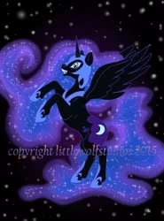 Size: 600x812 | Tagged: safe, artist:littlewolfstudios, derpibooru import, nightmare moon, princess luna, alicorn, pony, night, solo, stars, watermark