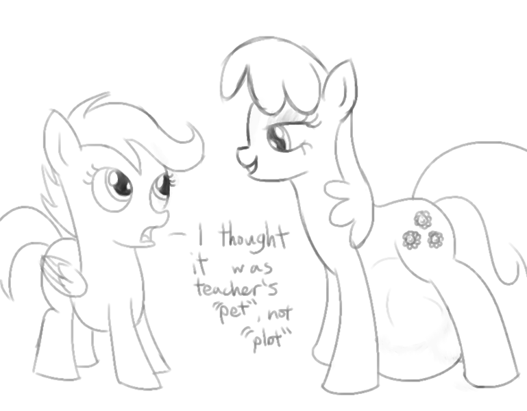 Size: 832x649 | Tagged: artist:varemia, belly, cheerilee, derpibooru import, dialogue, digestion, fetish, kitchen eyes, monochrome, questionable, scootaloo, vore