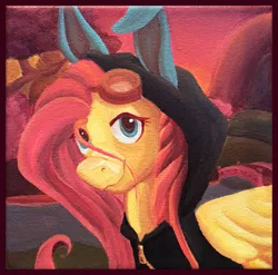 Size: 2435x2410 | Tagged: safe, artist:skywardmeganium, artist:skywardsylphina, derpibooru import, fluttershy, pegasus, pony, acrylic painting, bunny ears, clothes, costume, dangerous mission outfit, female, goggles, hoodie, looking at you, mare, painting, portrait, smiling, solo, traditional art