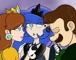 Size: 1000x800 | Tagged: artist:wryte, bisexual, blushing, clothes, crossover, crossover shipping, crown, derpibooru import, female, flirting, gentlemen, hand kiss, holding hands, human, humanized, implied threesome, lesbian, luigi, male, princess daisy, princess luna, safe, shipping, straight, super mario bros., super mario land