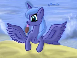 Size: 1000x750 | Tagged: artist:anna-krylova, beach, derpibooru import, ice cream, licking, magic, princess luna, s1 luna, safe, solo, telekinesis