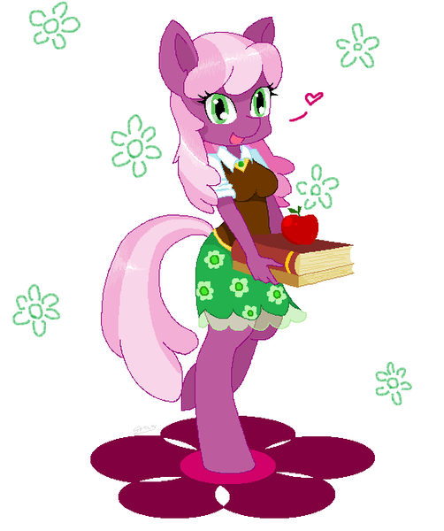 Size: 559x668 | Tagged: safe, artist:sasinun, derpibooru import, cheerilee, anthro, earth pony, unguligrade anthro, apple, book, cheeribetes, clothes, cute, dress, equestria girls outfit, female, happy, heart, looking at you, open mouth, skirt, smiling, solo, sweater vest