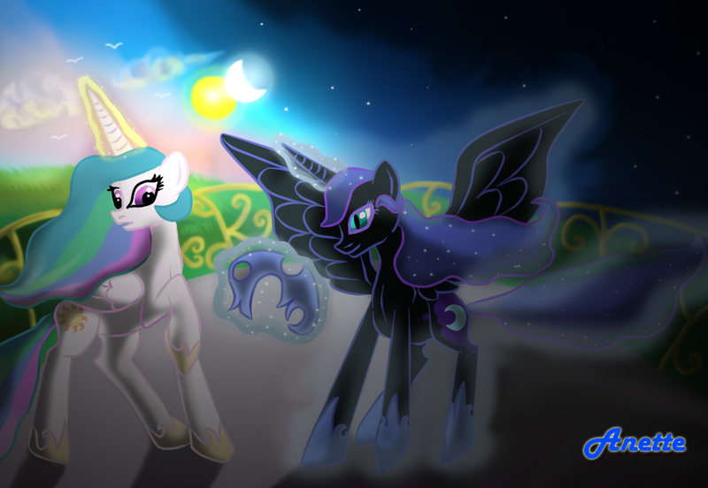 Size: 1000x690 | Tagged: artist:anna-krylova, derpibooru import, magic, nightmare moon, princess celestia, safe, telekinesis