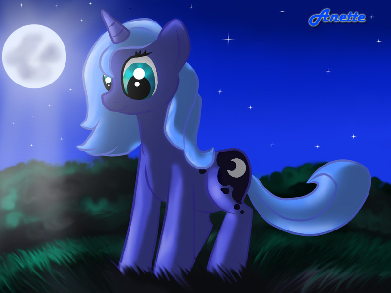 Size: 1000x750 | Tagged: safe, artist:anna-krylova, derpibooru import, princess luna, cute, moon, night, s1 luna, smiling, solo