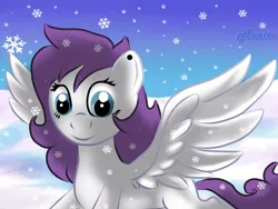 Size: 1000x750 | Tagged: safe, artist:anna-krylova, derpibooru import, oc, oc:violet shine, unofficial characters only, pegasus, pony, birthmark, snow, snowfall, snowflake, solo, winter