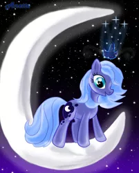 Size: 802x1000 | Tagged: safe, artist:anna-krylova, derpibooru import, princess luna, earth pony, pony, crowning, filly, hijo de la luna, moon, s1 luna, solo, younger