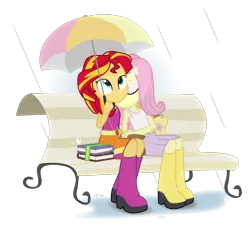 Size: 1050x950 | Tagged: safe, artist:dm29, derpibooru import, fluttershy, sunset shimmer, equestria girls, backpack, book, boots, clothes, friendshipping, head on shoulder, julian yeo is trying to murder us, park bench, rain, rain boots, simple background, skirt, tanktop, transparent background, umbrella, younger