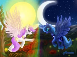 Size: 1000x750 | Tagged: safe, artist:anna-krylova, derpibooru import, princess celestia, princess luna, duo, filly, flying, magic, pink-mane celestia, younger