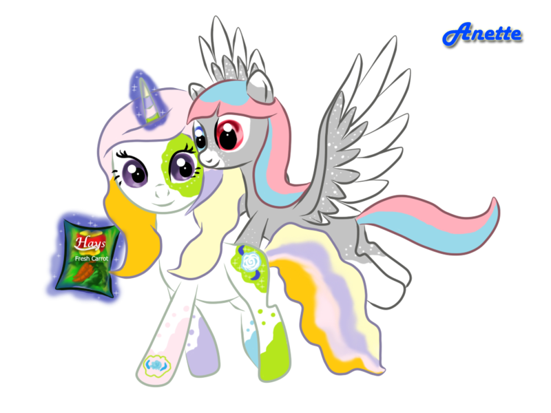 Size: 1000x750 | Tagged: safe, artist:anna-krylova, derpibooru import, oc, oc:asteam moses, oc:dee visions, unofficial characters only, pegasus, pony, unicorn, adoptable, carrot, chips, duo, flying, heterochromia, lays, magic, simple background, telekinesis, transparent background